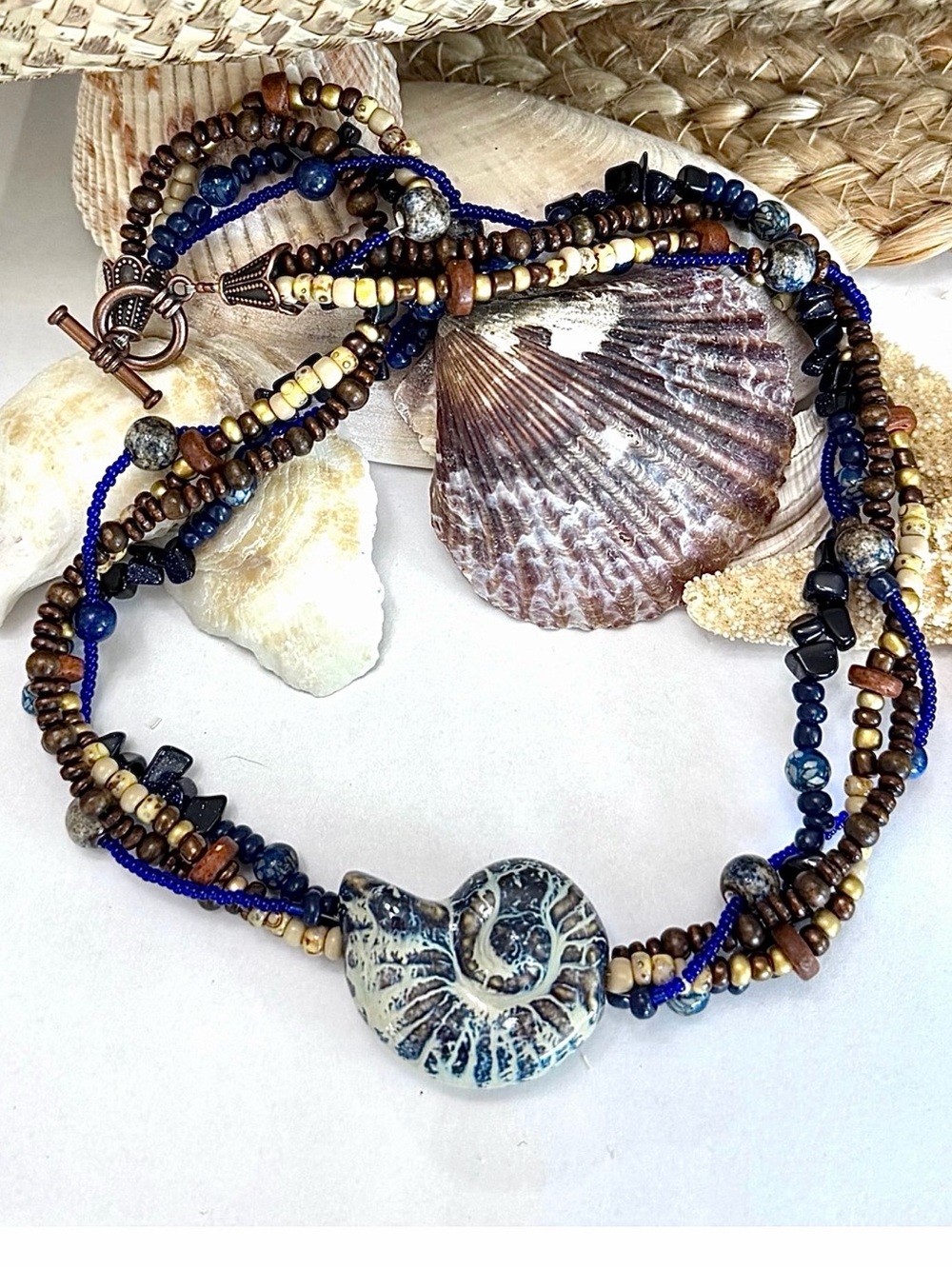 Coastal Ceramic Nautilus Beaded Necklace